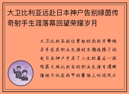 大卫比利亚远赴日本神户告别绿茵传奇射手生涯落幕回望荣耀岁月 大卫比利亚远赴日本神户告别绿茵传奇射手生涯落幕回望荣耀岁月